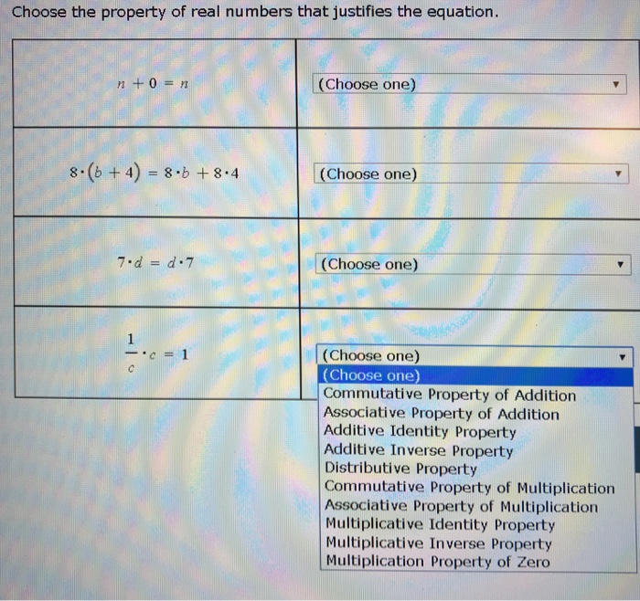 Solved Choose the property of real numbers that justifies