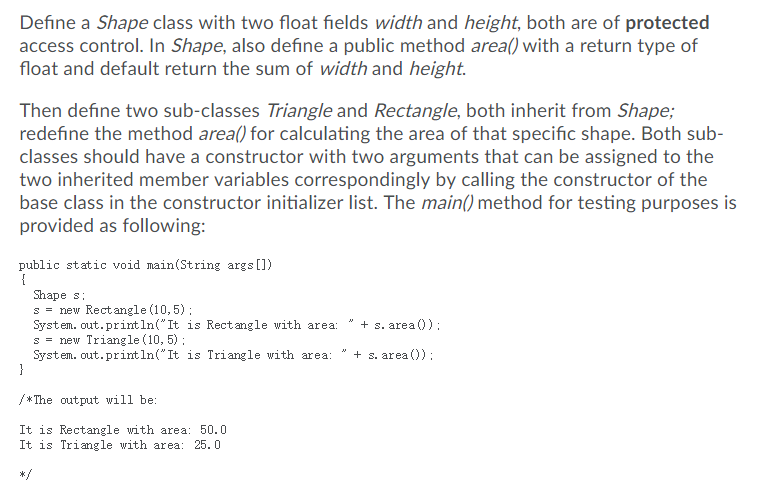 Solved Define a Shape class with two float fields width and | Chegg.com