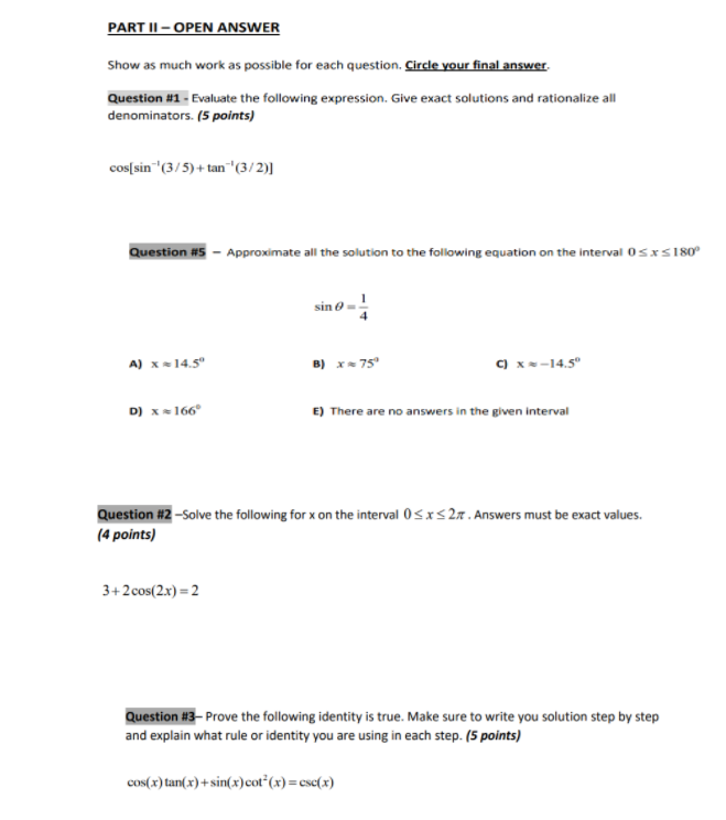 Solved PART II - OPEN ANSWER Show as much work as possible | Chegg.com