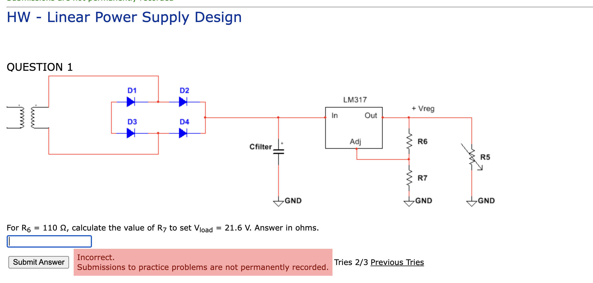 Solved HW Linear Power Supply Design For R6=110Ω,