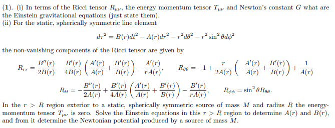 Solved (1). (i) In terms of the Ricci tensor Ruv, the energy | Chegg.com