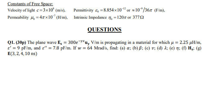 Constants Of Free Space Velocity Of Light C 3x10 Chegg Com