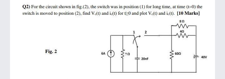 Solved Q2) For the circuit shown in fig.(2), the switch was | Chegg.com