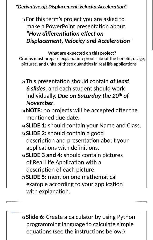 Solved "Derivative of: Displacement-Velocity-Acceleration" | Chegg.com