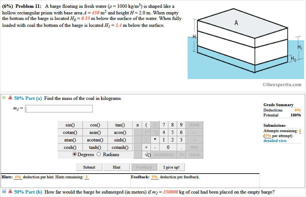 Solved (6%) Problem 11: A Barge Floating In Fresh Water | Chegg.com