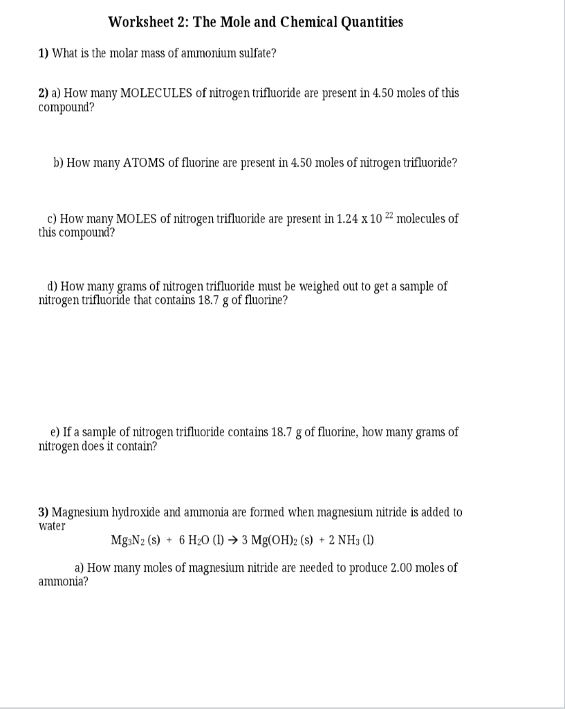 Solved Worksheet 2: The Mole and Chemical Quantities 1) What | Chegg.com