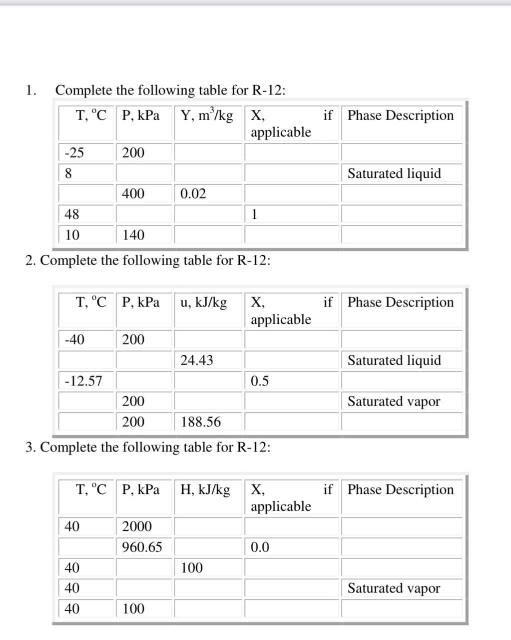 Solved 1. m Complete the following table for R-12: T, °C P, | Chegg.com