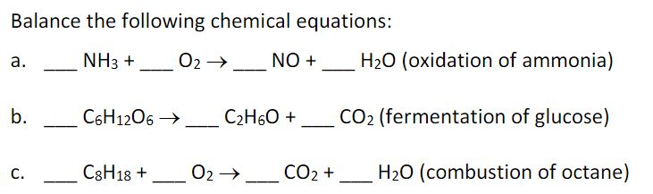 Solved Balance the following chemical equations: a._ NH3 + | Chegg.com