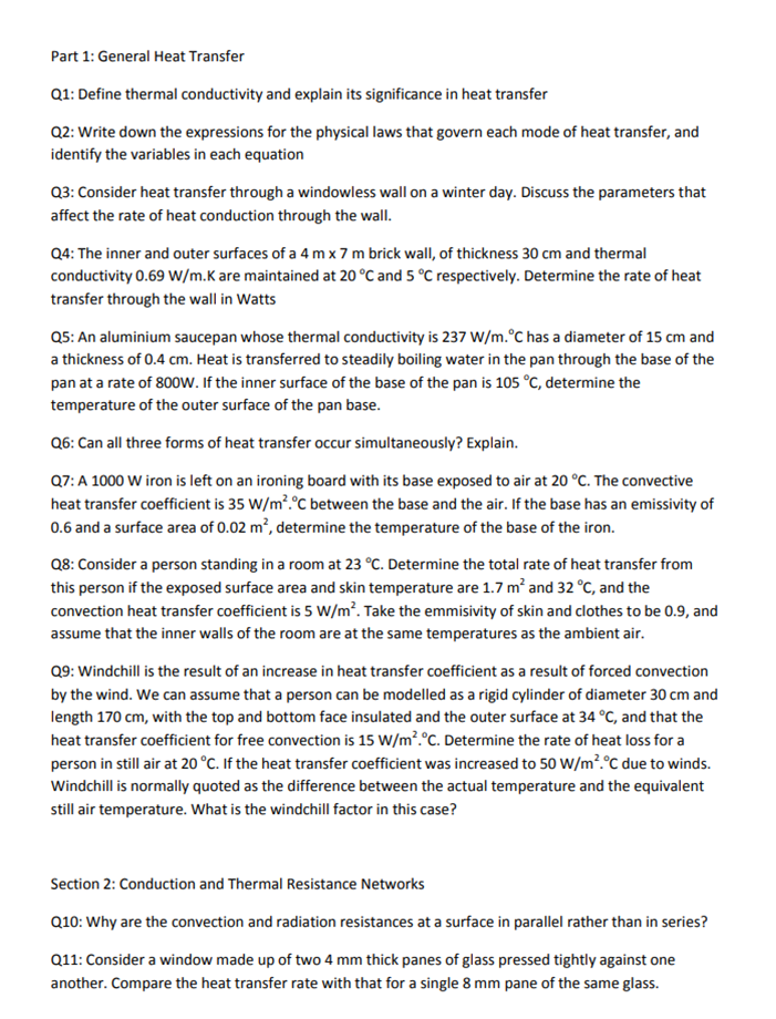 Solved Part 1: General Heat Transfer Q1: Define thermal | Chegg.com