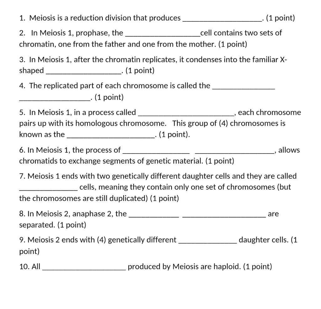 Solved 1 Meiosis is a reduction division that produces 1 Biology Diagrams