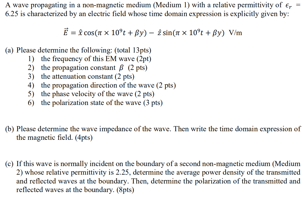 Solved A wave propagating in a non-magnetic medium (Medium | Chegg.com
