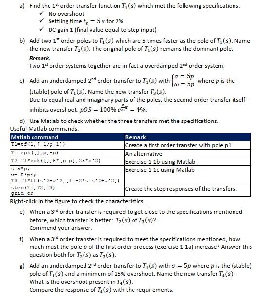 Solved a) Find the 1st order transfer function T1(s) which | Chegg.com