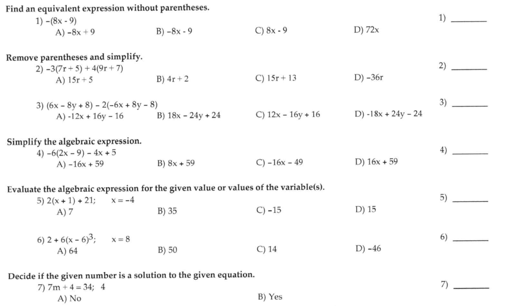 Solved Find an equivalent expression without parentheses. 1) | Chegg.com