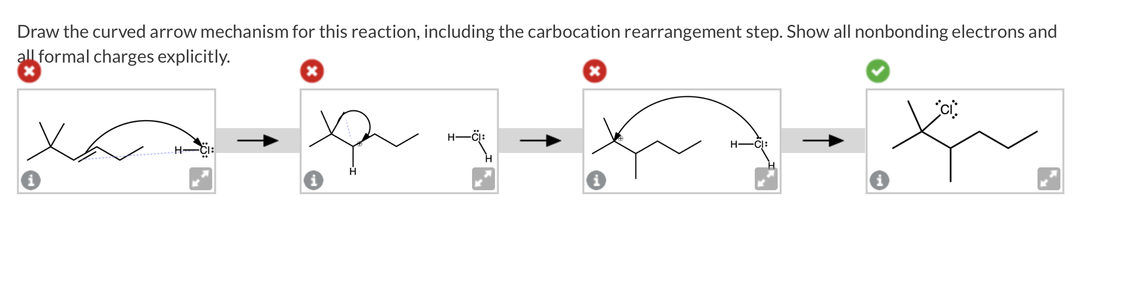 Draw the curved arrow mechanism for this reaction, including the carbocation rearrangement step. Show all nonbonding electron