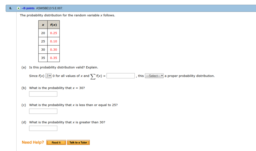 Solved 6. + -/6 points ASWSBE13 5E007 The probability | Chegg.com
