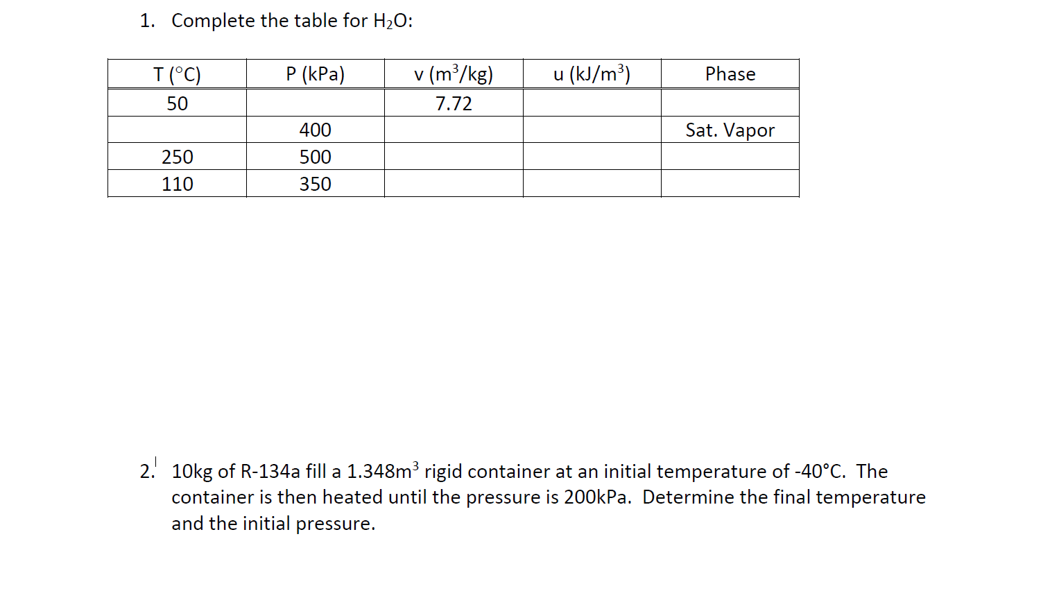 Solved 1 Complete The Table For H2O P kPa U kJ m3 Chegg