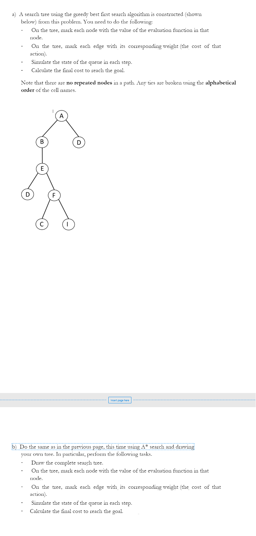 Solved a) A search tree using the greedy best first search | Chegg.com
