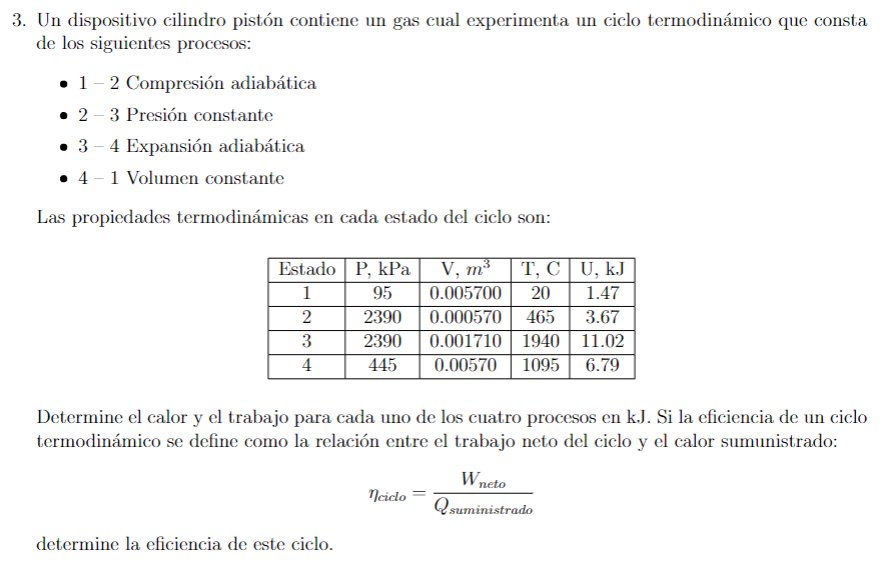 3. Un dispositivo cilindro pistón contiene un gas cual experimenta un ciclo termodinámico que consta de los siguientes proces