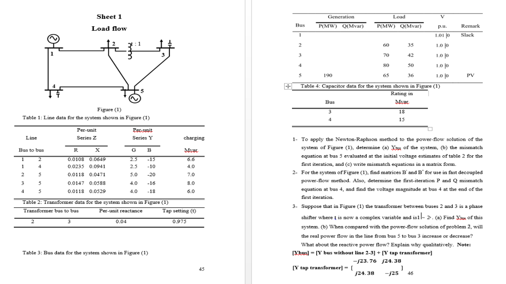 Sheet 1 Load Generation P(MW) O(Mvar) Bus P(MW) Load | Chegg.com