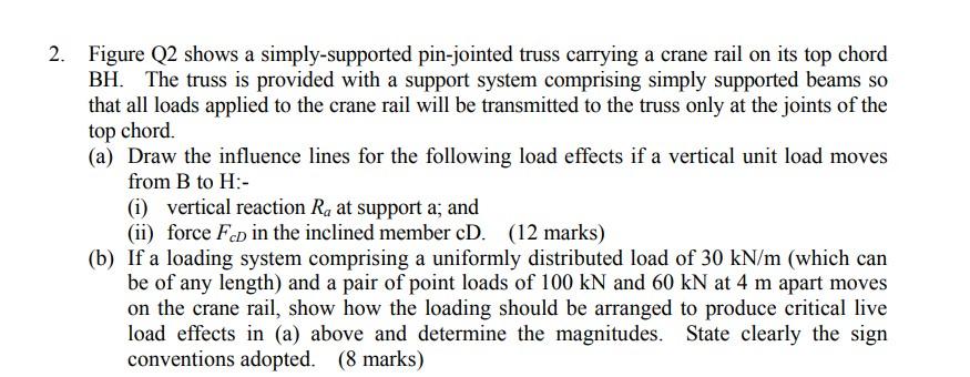 2. Figure Q2 shows a simply-supported pin-jointed truss carrying a crane rail on its top chord
BH. The truss is provided with
