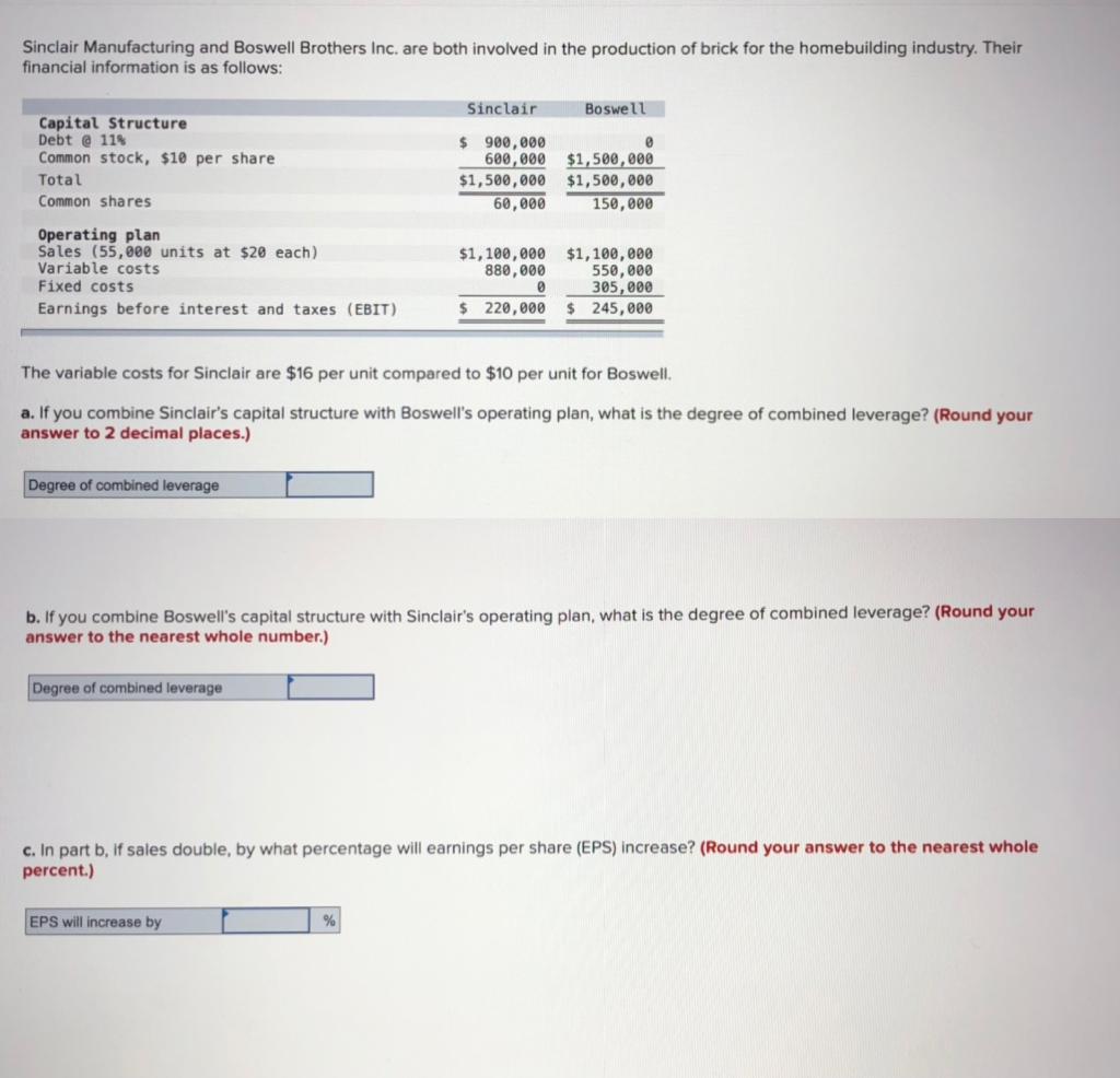 Solved Sinclair Manufacturing and Boswell Brothers Inc. are