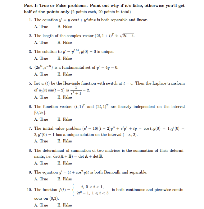 Solved Part I: True or False problems. Point out why if it's | Chegg.com