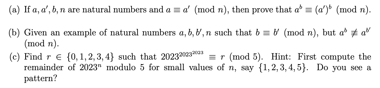 Solved (a) If A,a′,b,n Are Natural Numbers And A≡a′(modn), | Chegg.com