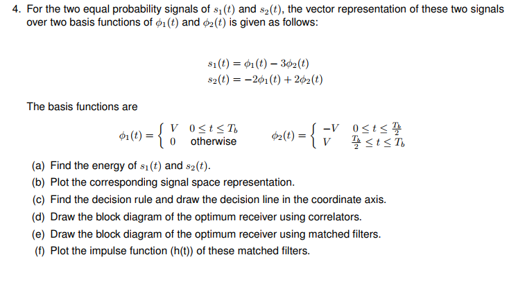 Solved For the two equal probability signals of s1(t) and | Chegg.com