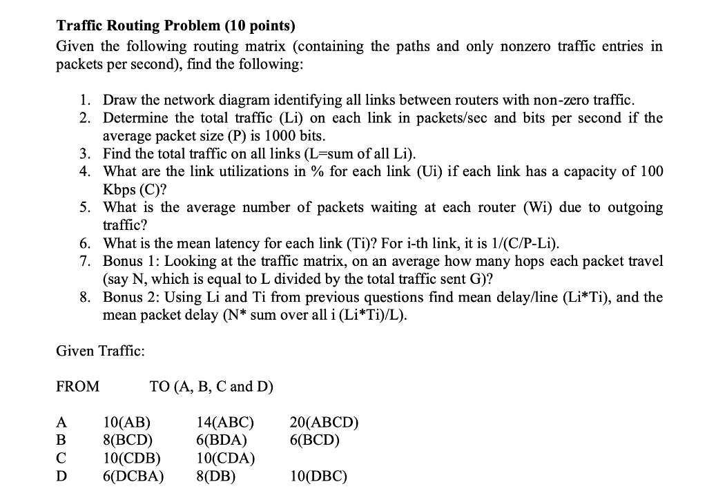 Traffic Routing Problem (10 Points) Given The | Chegg.com