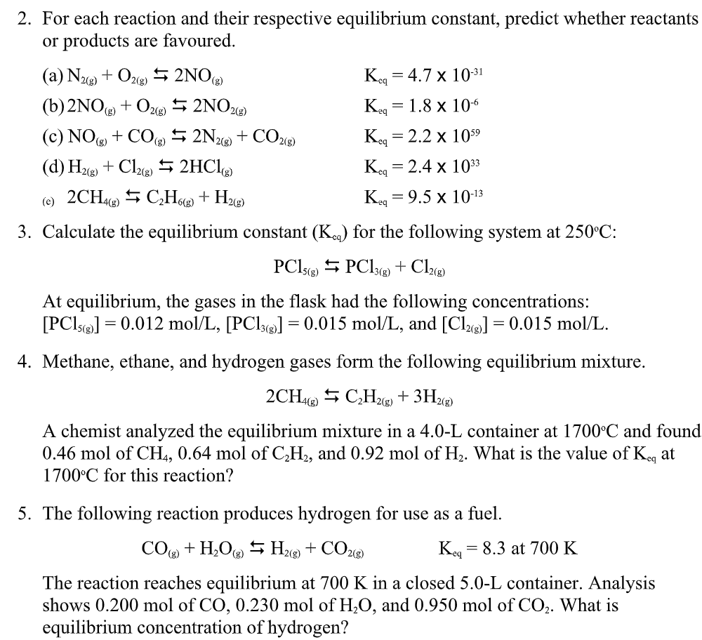 Solved 2. For each reaction and their respective equilibrium | Chegg.com