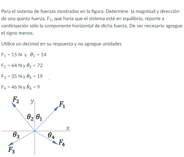 Para el sistema de fuerzas mostradas en la figura. Determine la magnitud y dirección de una quinta fuerza, \( F_{5} \), que h