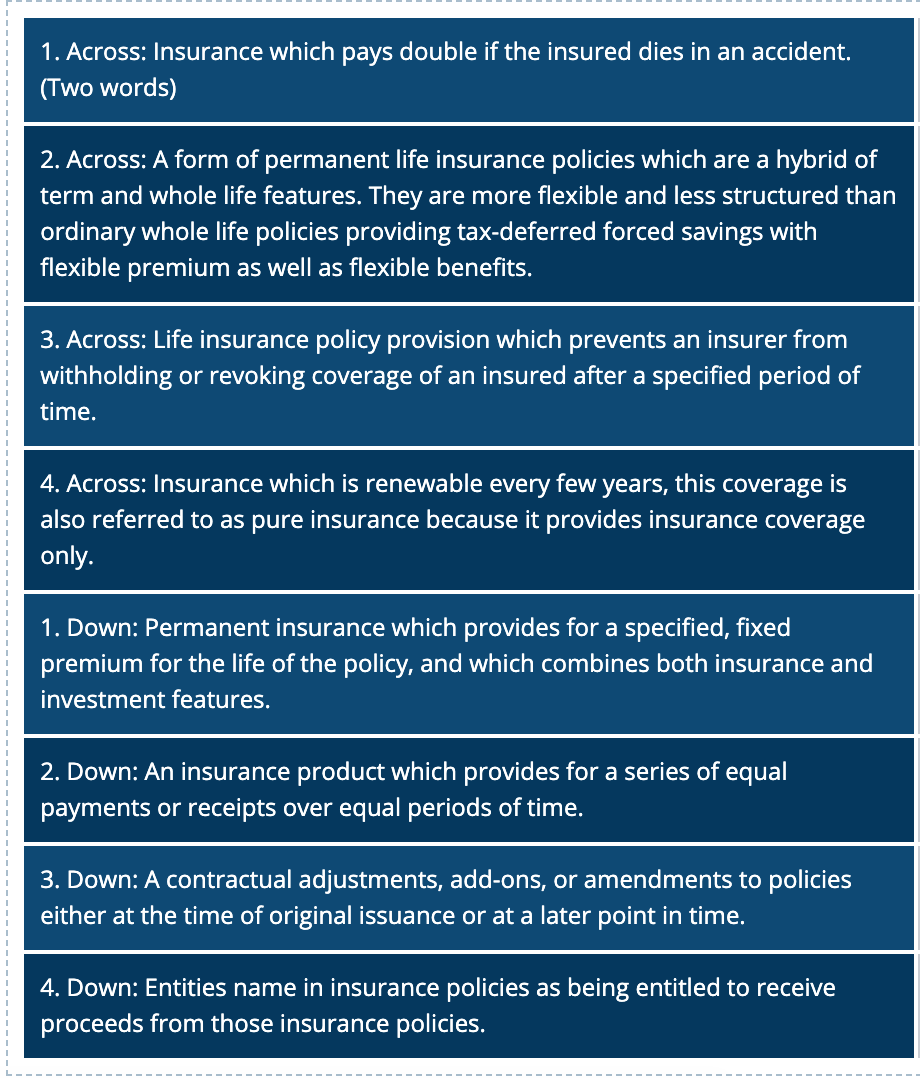 Solved 1. Across: Insurance which pays double if the insured