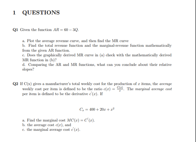 Solved Q1 Given the function AR=60−3Q. a. Plot the average | Chegg.com