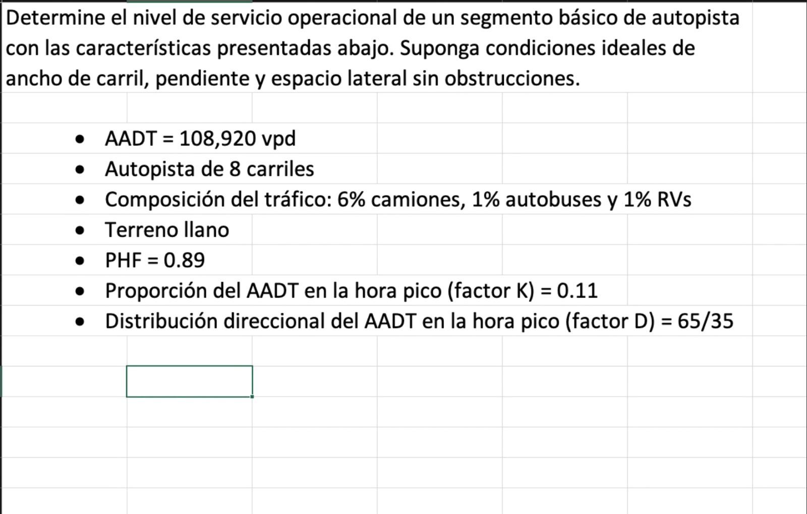 Determine el nivel de servicio operacional de un segmento básico de autopista con las características presentadas abajo. Supo