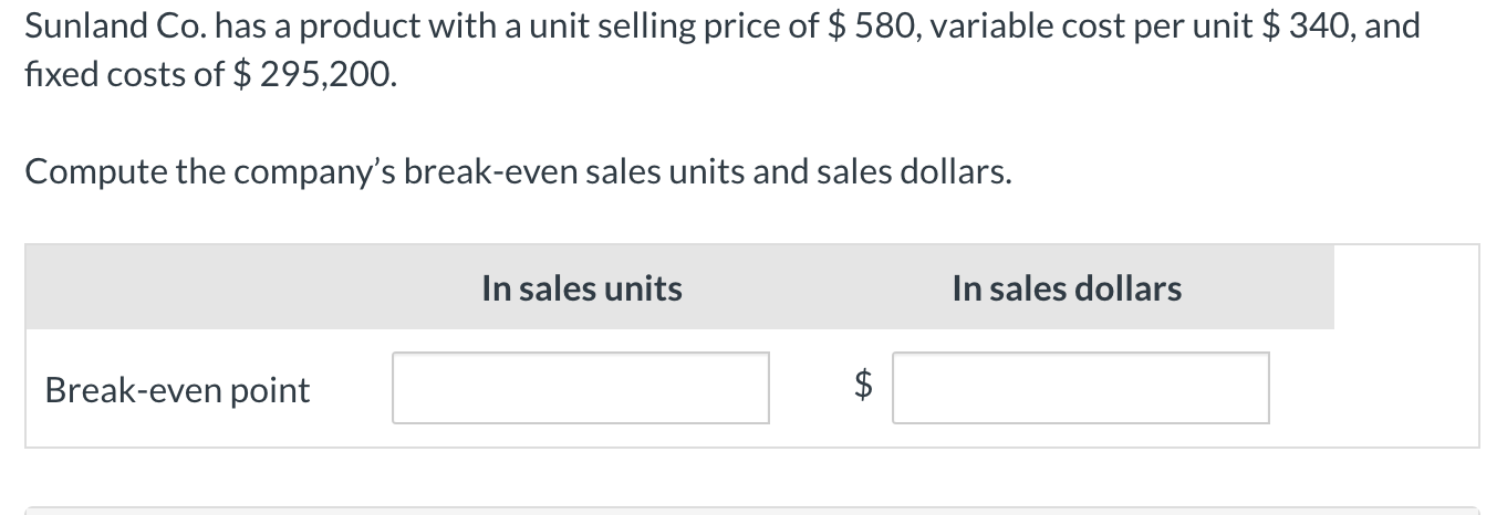 Solved Sunland Co Has A Product With A Unit Selling Price Chegg