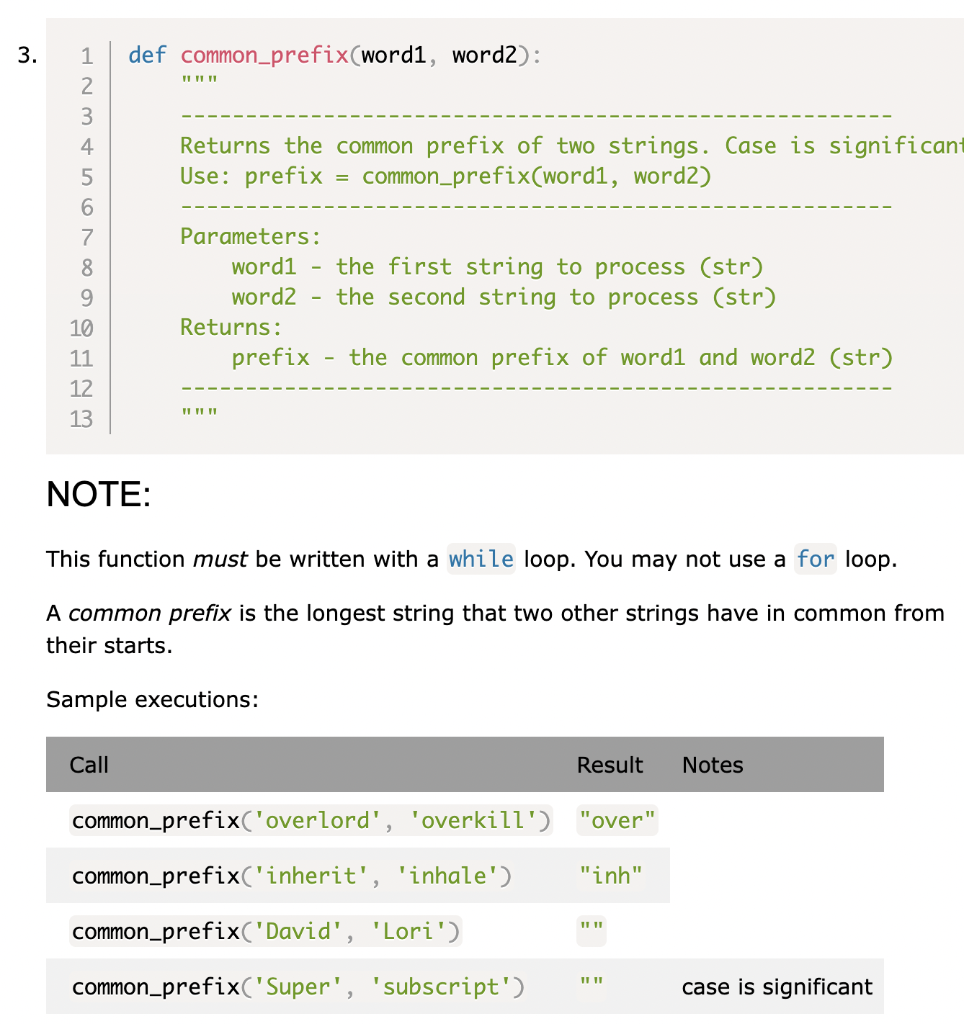 Solved \begin{tabular}{l|l} 3. 1 & def common_prefix(word1, | Chegg.com