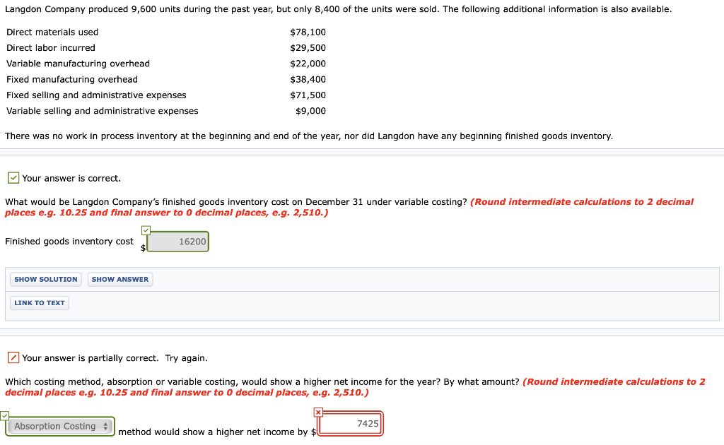 Solved Langdon Company produced 9,600 units during the past
