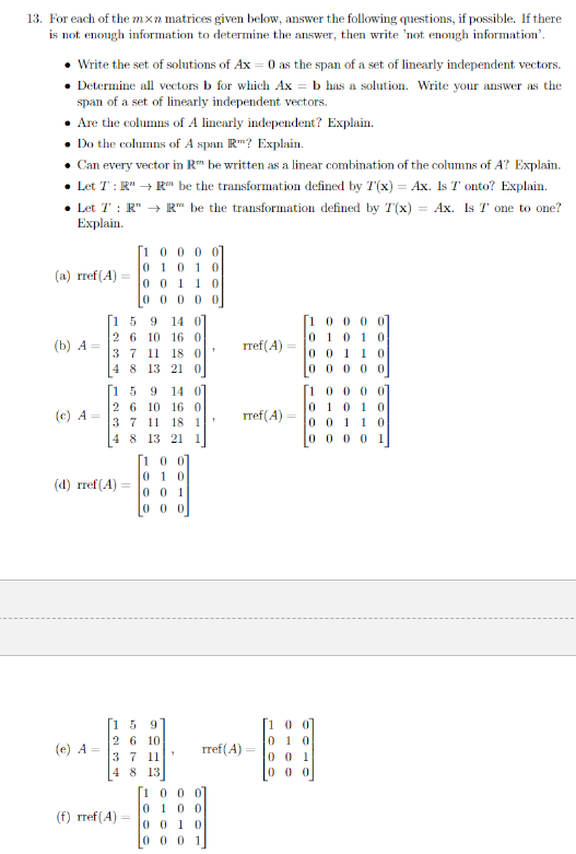 Solved For each of the m x n matrices given below, answer | Chegg.com