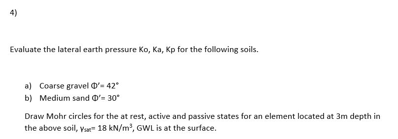 Solved 4) Evaluate the lateral earth pressure Ko, Ka, Kp for | Chegg.com