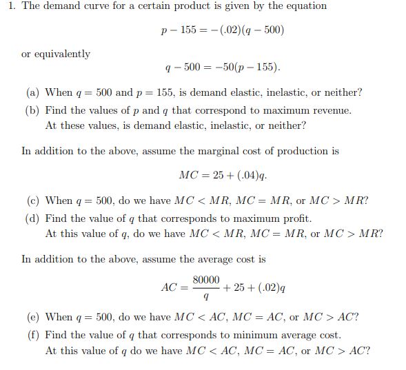 Solved 1. The demand curve for a certain product is given by | Chegg.com