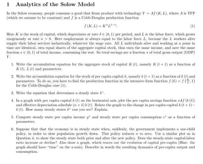 Solved 1 Analytics of the Solow Model In the Solow economy, | Chegg.com