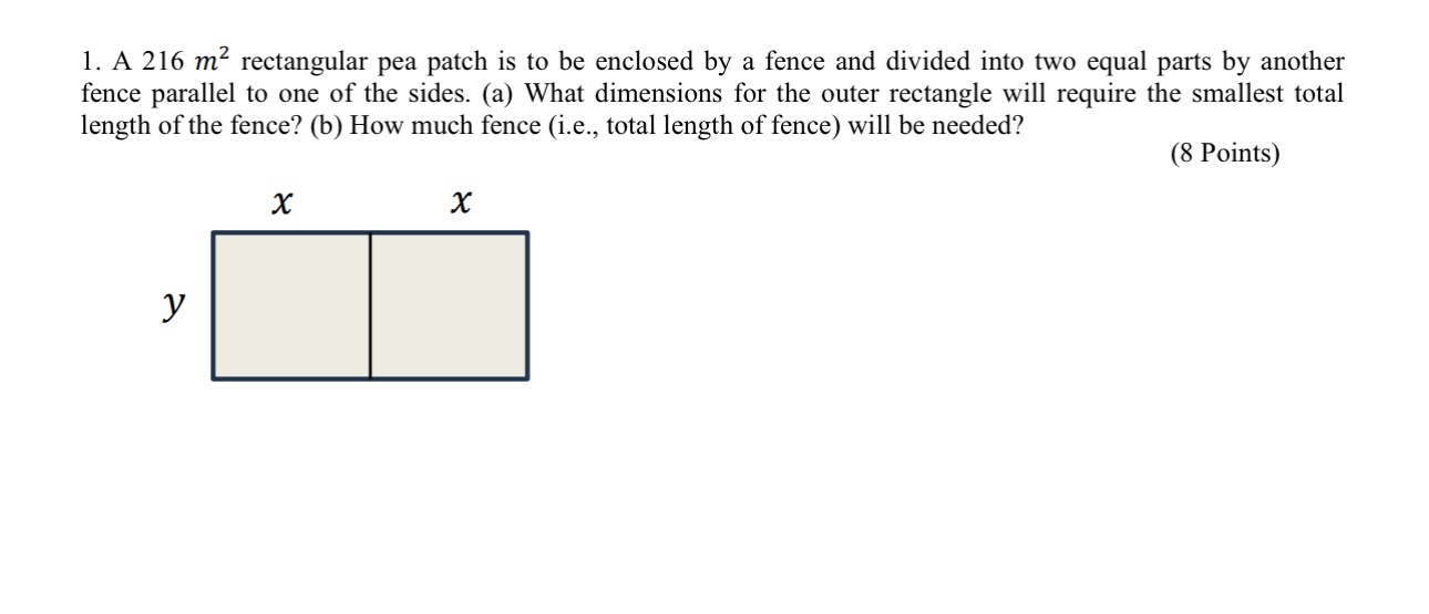 Solved 1. A 216 m2 rectangular pea patch is to be enclosed | Chegg.com