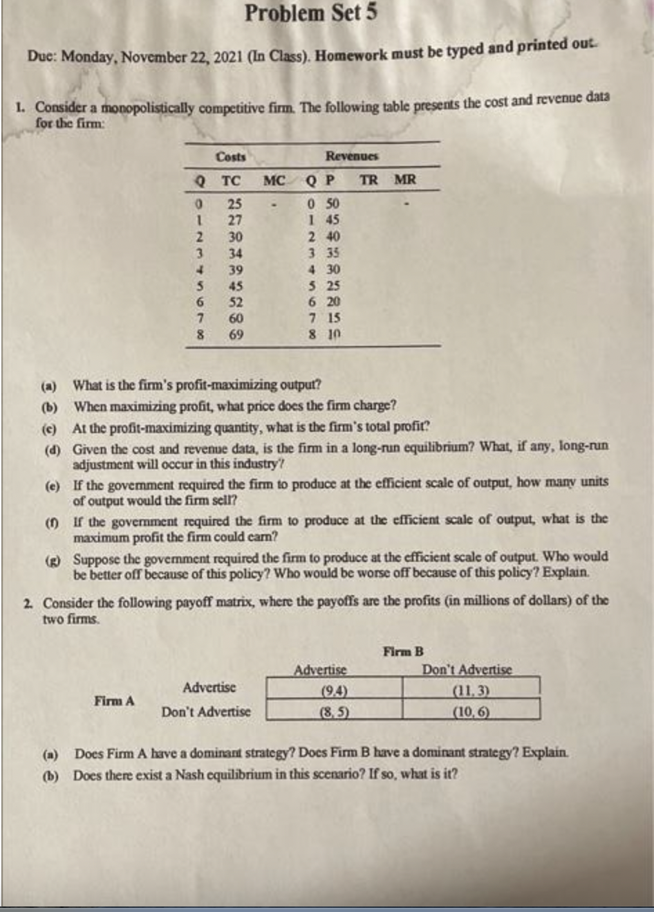 Solved Problem Set 5 Due: Monday, November 22, 2021 (In | Chegg.com