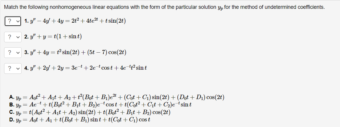 Solved Match The Following Nonhomogeneous Linear Equations | Chegg.com