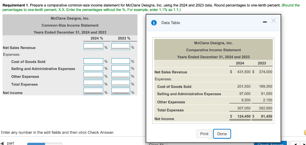 Requirement 1. Prepare a comparative common-size income statement for McClane Designs, Inc. using the 2024 and 2023 data. Rou