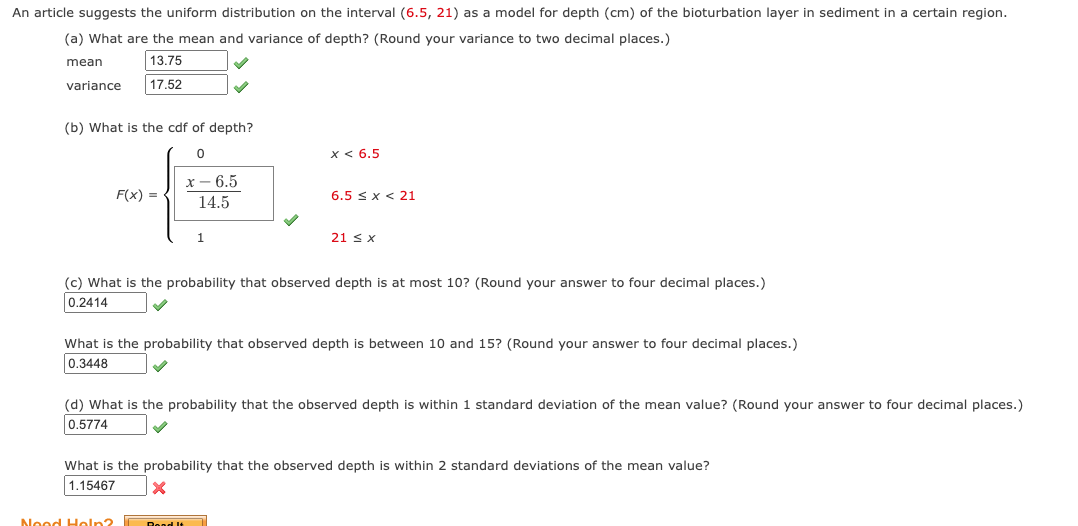 An article suggests the uniform distribution on the interval \( (6.5,21) \) as a model for depth \( (\mathrm{cm}) \) of the b