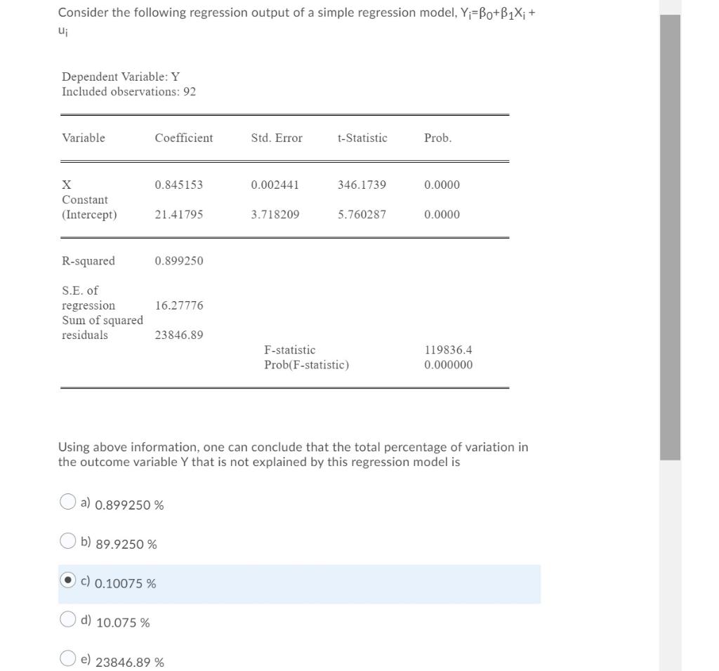 Solved Consider the following regression output of a simple | Chegg.com