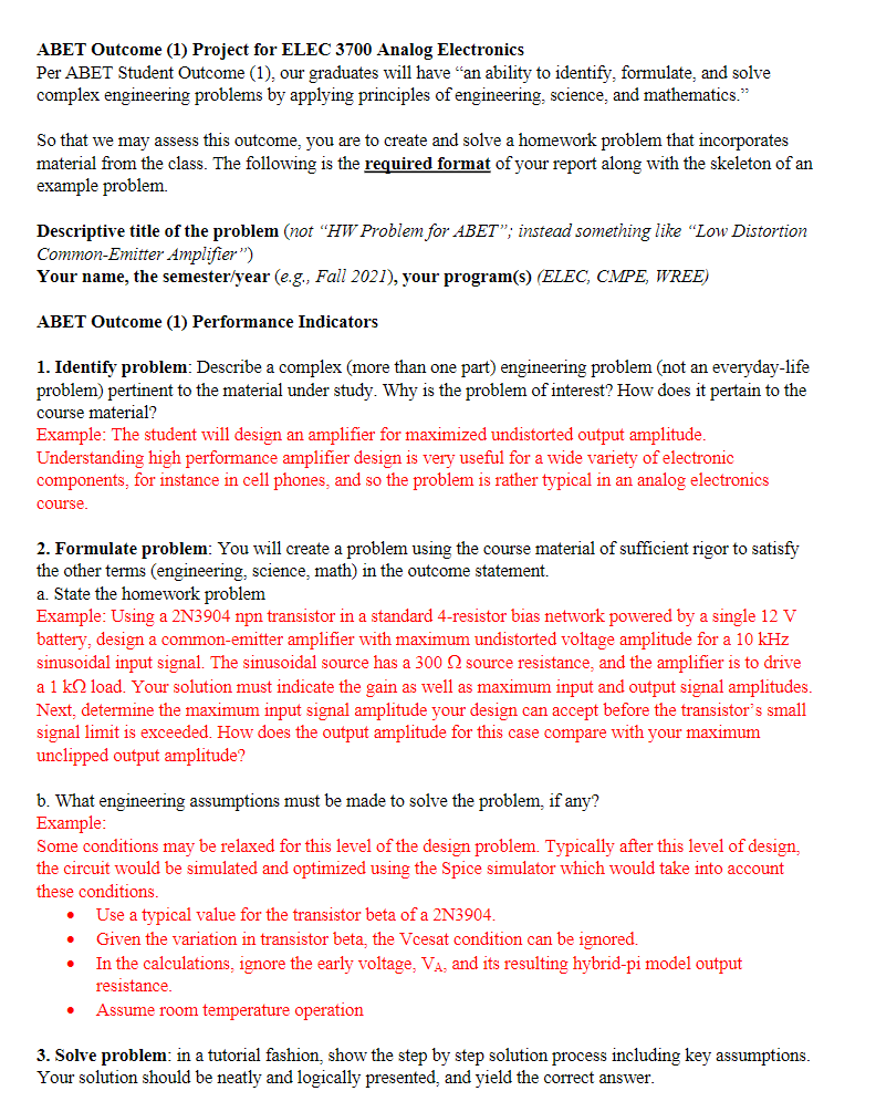 ABET Outcome (1) Project for ELEC 3700 Analog | Chegg.com
