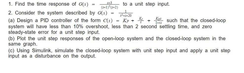 Solved 1. Find the time response of G(s) = TS to a unit step | Chegg.com