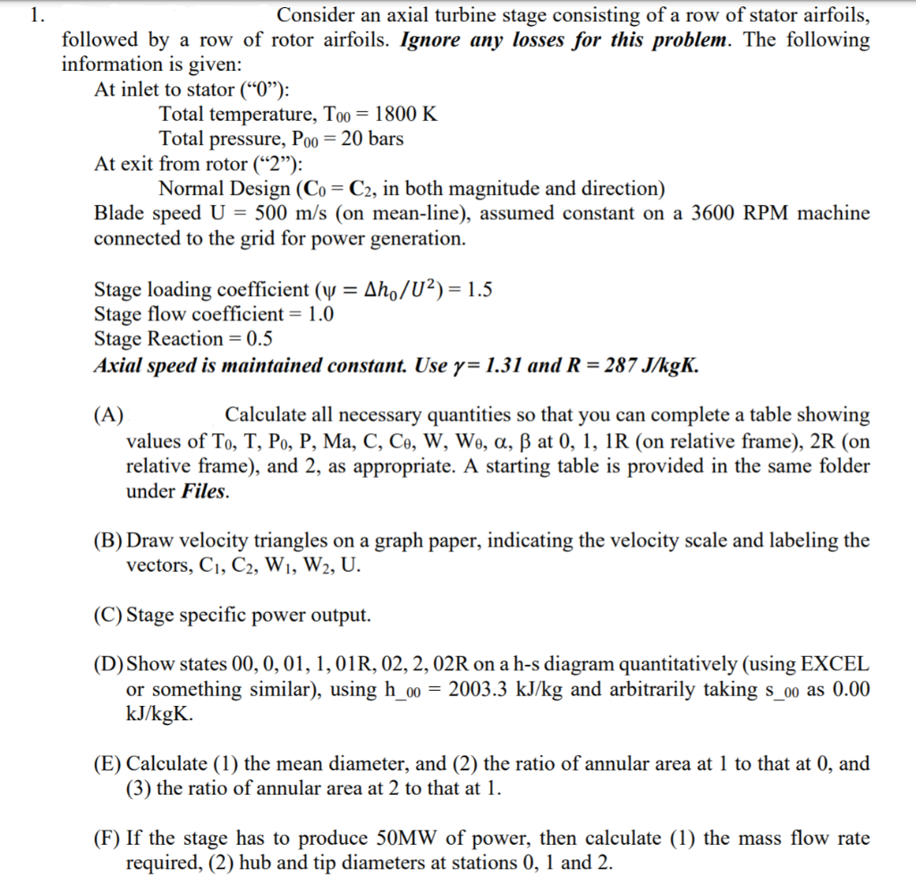 Solved 1. Consider an axial turbine stage consisting of a | Chegg.com